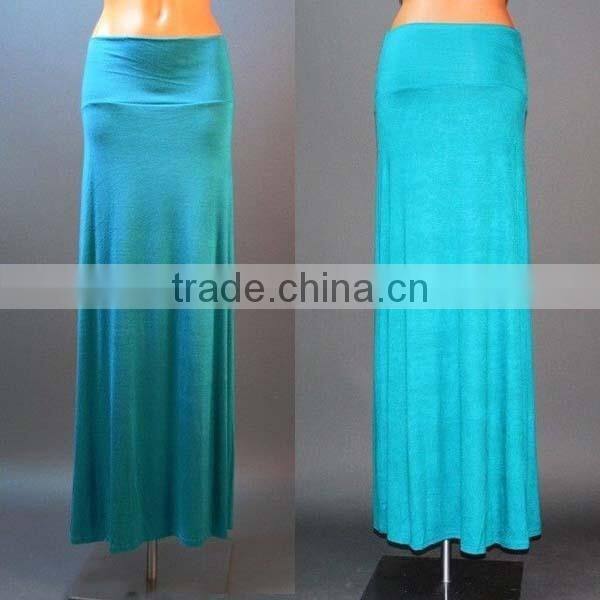 OEM rayon fold over waist latest model plain blue women maxi skirts latest long skirt design