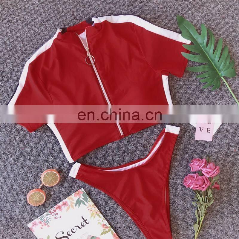 Seven-colour 2019 new high waist bikini deep v blue bikini zipper short sleeve women split 2 piece swimsuit fitness women A135