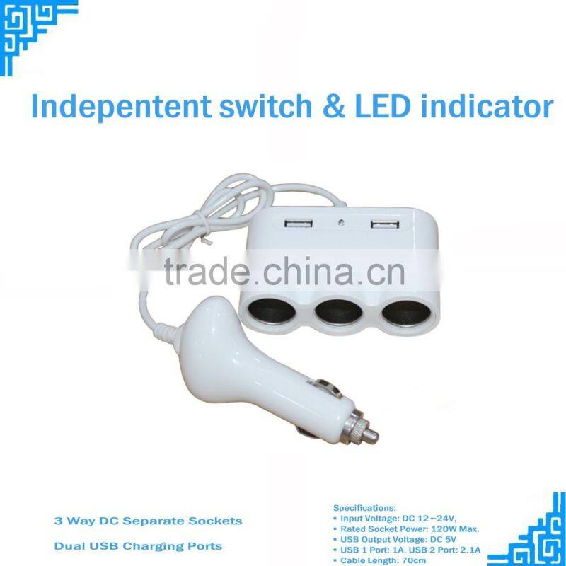 Rapid 3 Ways Car Cigarette Lighter Socket Cigarette Car Charger With Additional 2 USB Output