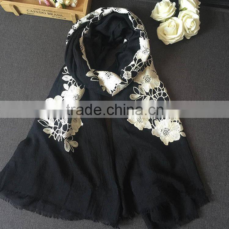 New Style Flower Embroidery Design Fashion Woman Cotton Viscose Scarf