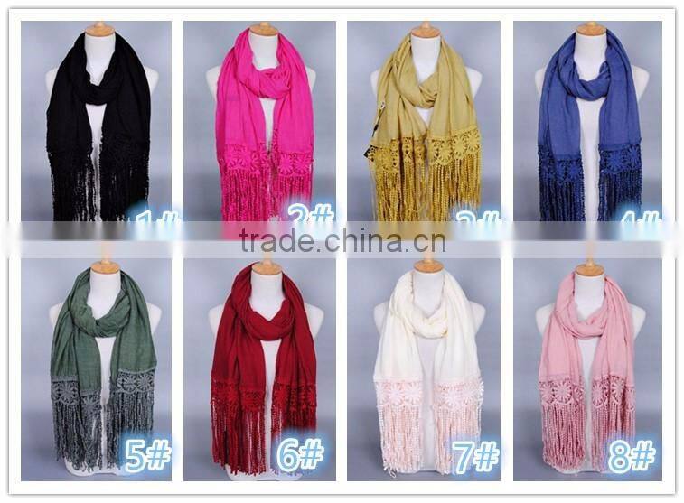 New Design Korea Women Fashion Cotton Plain Lace Scarf