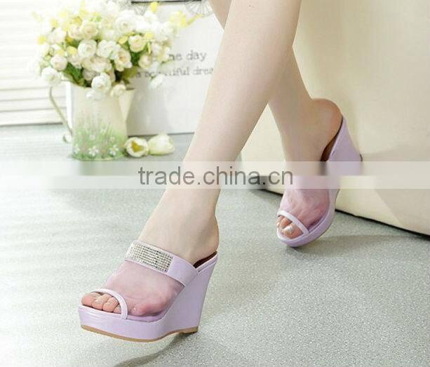 Sexy purple slipper shoes Rhinestone summer wedge heel