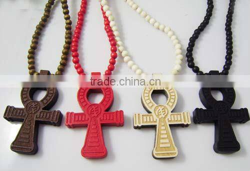 Wooden Cross Pendant with a 36 Inch Wood Beaded Necklace Chain