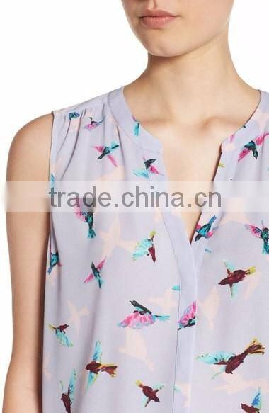 Women Print Pleat Back Split Neck Sexy Sleeveless Blouse Patterns