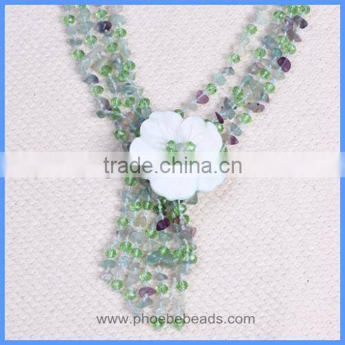 Wholesale Handmade Multi-layer Crystal Bead Fluorite Gemstone Chips Pearl Shell Flower Tassels Long Necklaces GN-DQ048