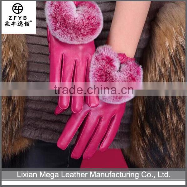 Good Quality New ladies short hot pink leather gloves with rabbit fur cuff