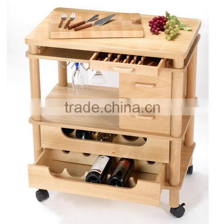 Wooden Kitchen Serving Trolley Service Cart with 4 Tiers and Wine Bottle Holders and Casters for Sale