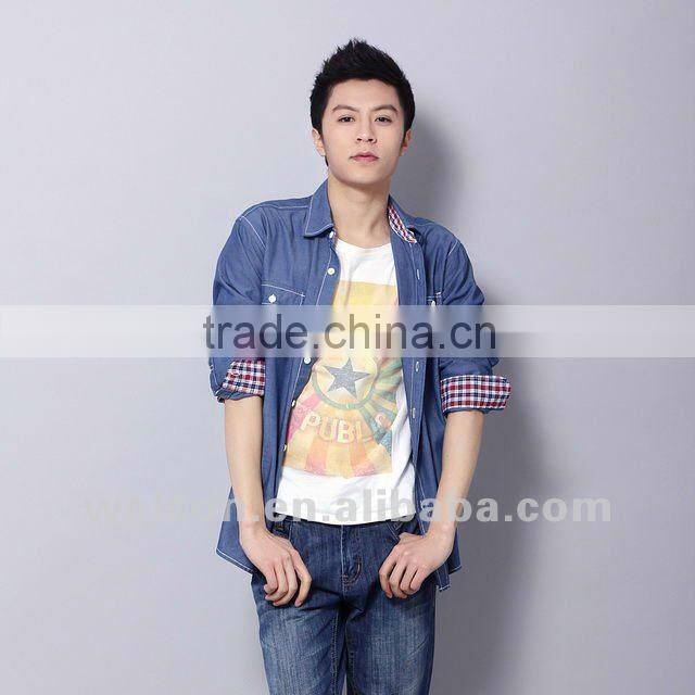 New 100% cotton chambray long sleeve famous brand name design fashion men's casual shirts