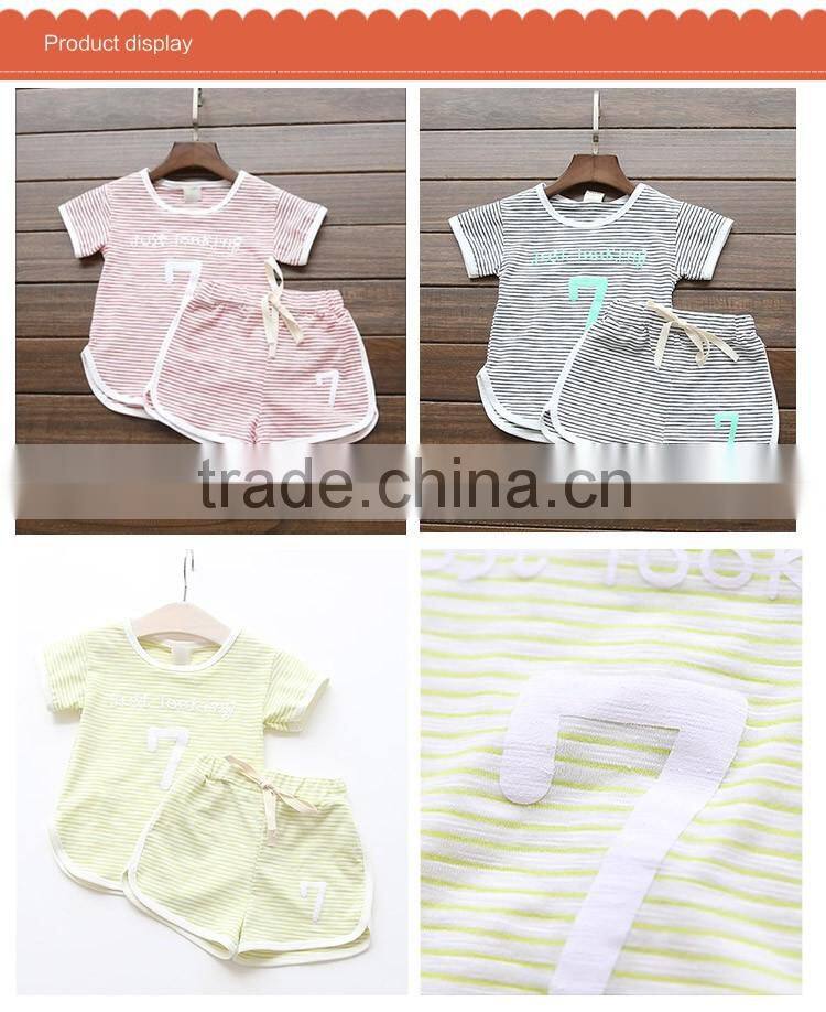 Factory Price Summer Popular Soft Cotton Number 7 Printing Stripes Clothing Sets for Children