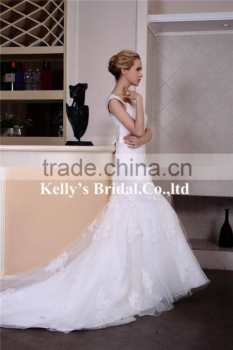 Appliqued lace & 2015 new arrival trumpet with belt western wedding bridesmaid dresses