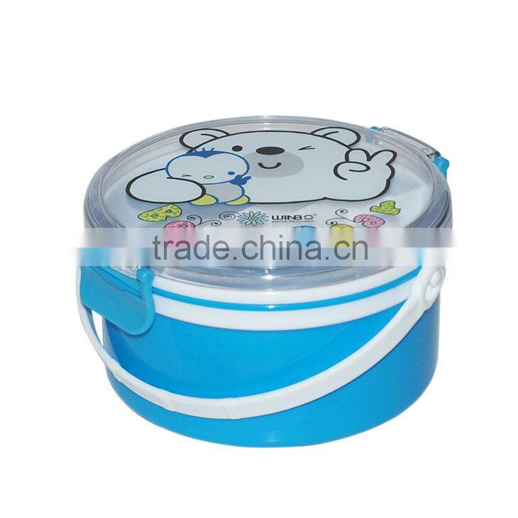 Clear round plastic food container with compartments and fork and spoon inside