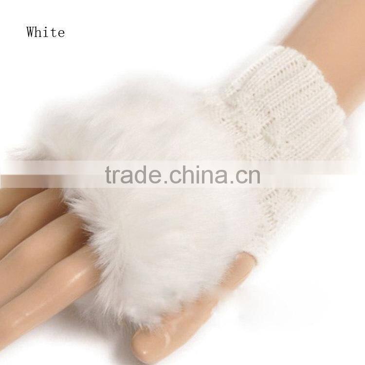 Fashion Cute Faux Rabbit Fur Hand Winter Warmer Knitted Fingerless Gloves Mitten Wholesale