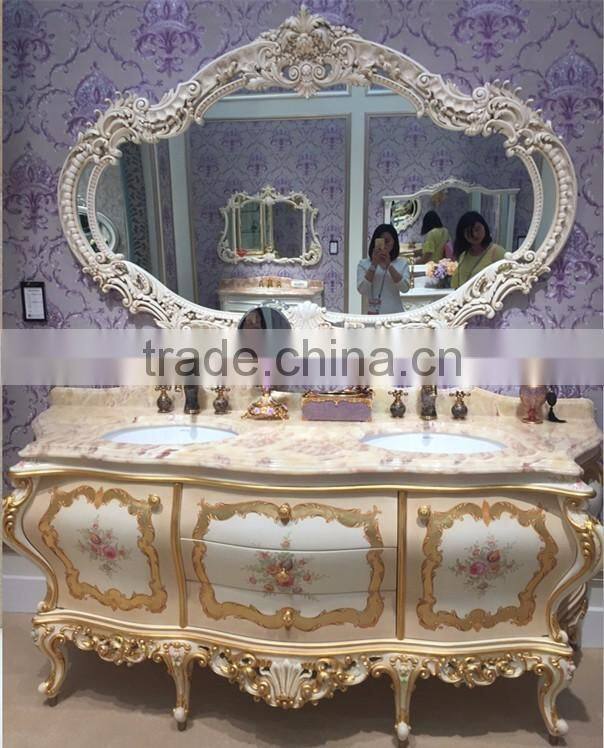 Elegant Floral Painting Bathroom Vanity With Double Sink, Carved Wooden Sanitary Ware Furniture Bathroom Cabinet With Marble Top