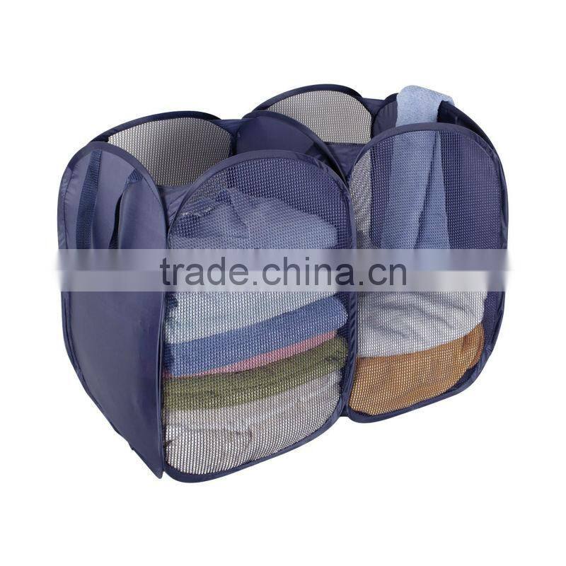 Dark Blue Foldable Pop-Up Mesh Hamper, 2-compartment Clothes Laundry Hamper