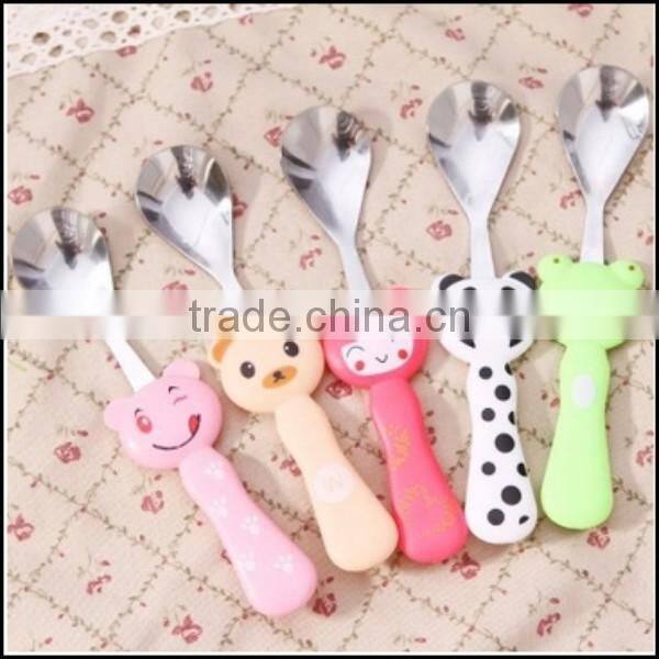 2015 hot sell cartoon food grade plastic handle stailess steel spoons supplier in China,food grade plastic spoons supplier
