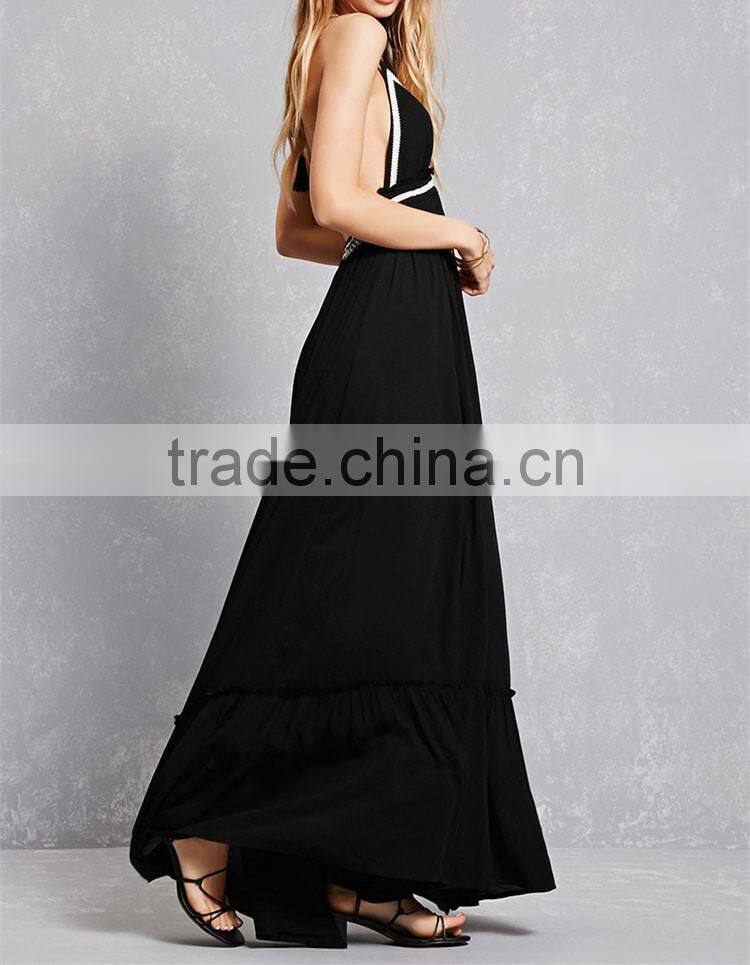 Factory Price adjustable tasseled self-tie halter neckline front V-cut open back flowy Crepe Woven Halter Maxi Dress
