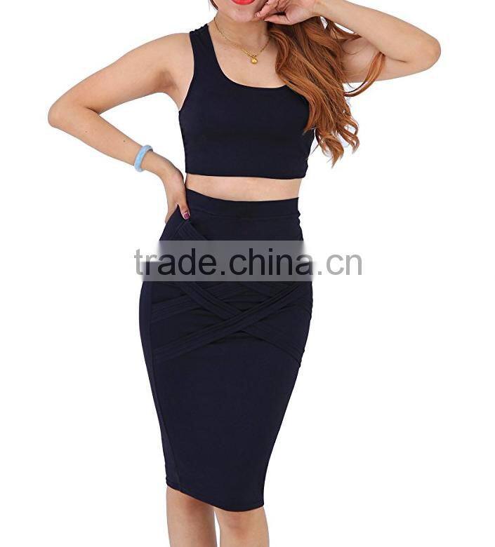 Womens Sexy Crop Top Long Skirt Two Piece Black Club Dress Bodycon Bandage Dress