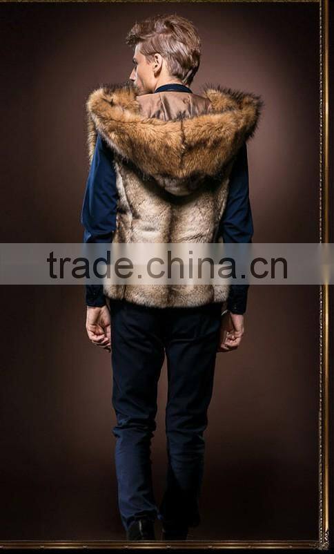 2015 hot sale Europe style men's fashion faux rabbit fur with hat waistcoat jacket