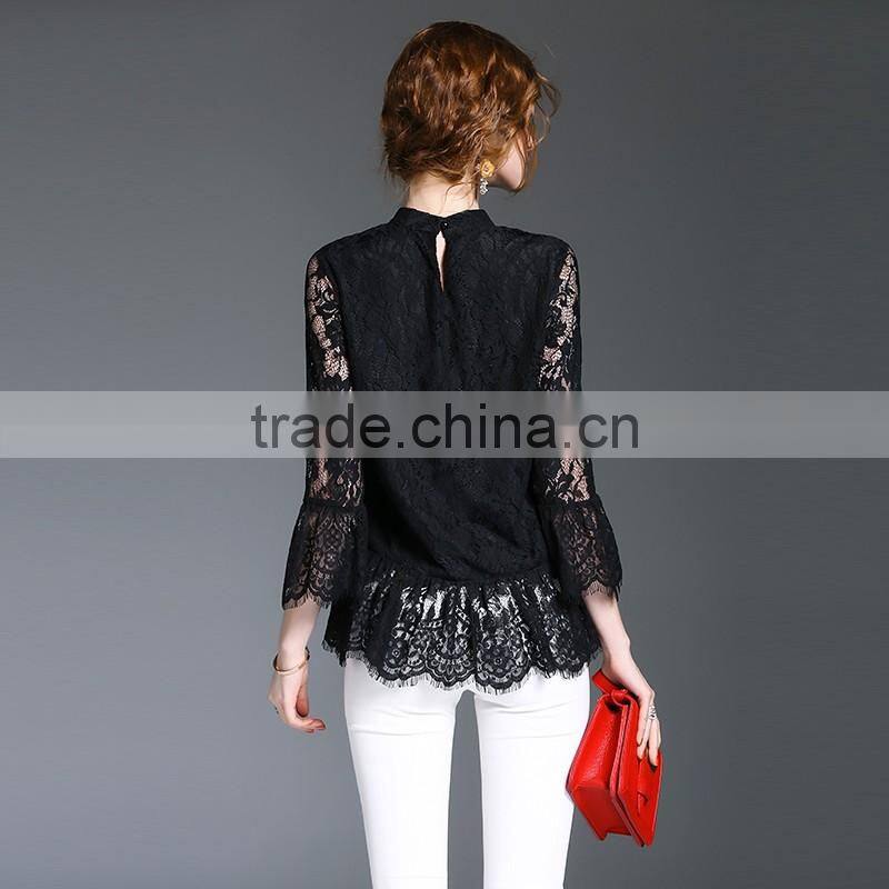 Maxnegio Lotus leaf sleeves top tee white lace t-shirts blouse neck patterns