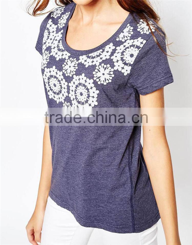 Girls round neck lace rosette printed 100 percent cotton t shirts