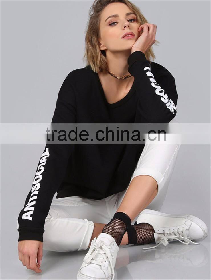 New Arrival Women Cool Black Streetwear Pullover Custom Sleeve Print Oversized Drop Shoulder Ladies Sweatshirt