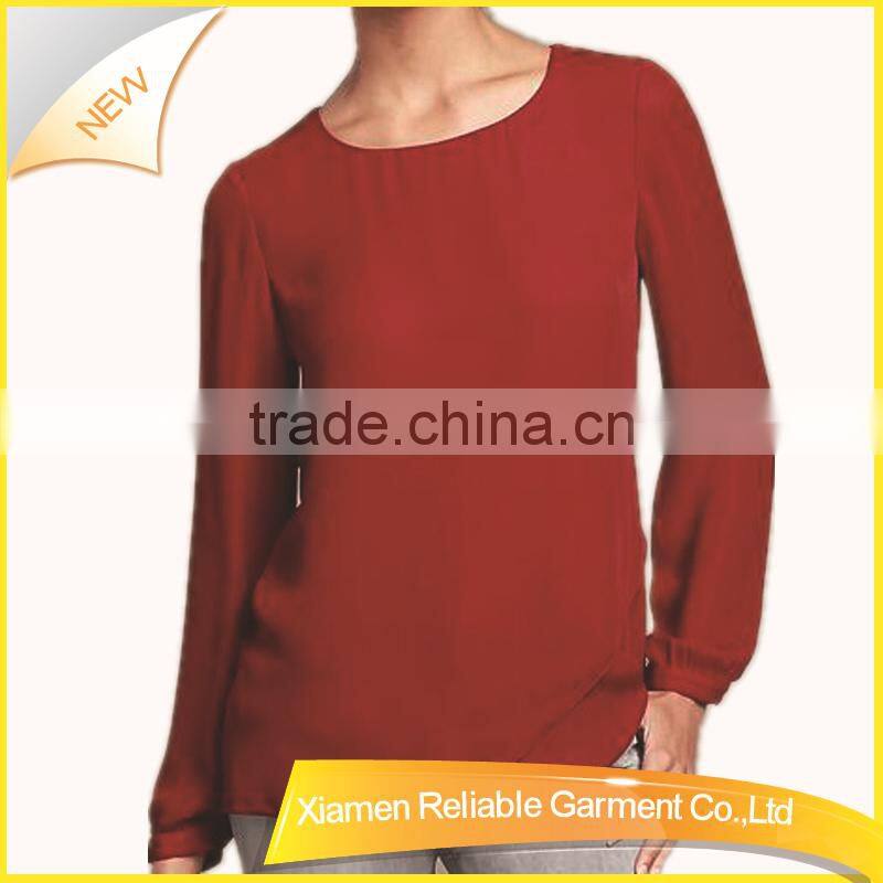 Red hotsale round neckline chiffon shirt with long sleeve