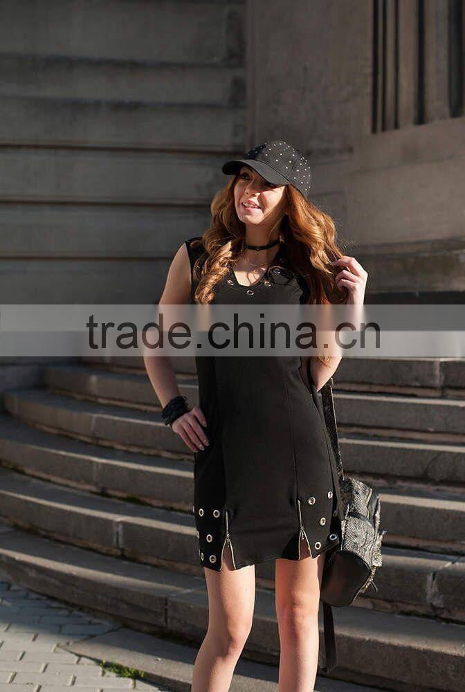 Women Summer Sex Black Dress With Eyelets And Zipper Extravagant Dress