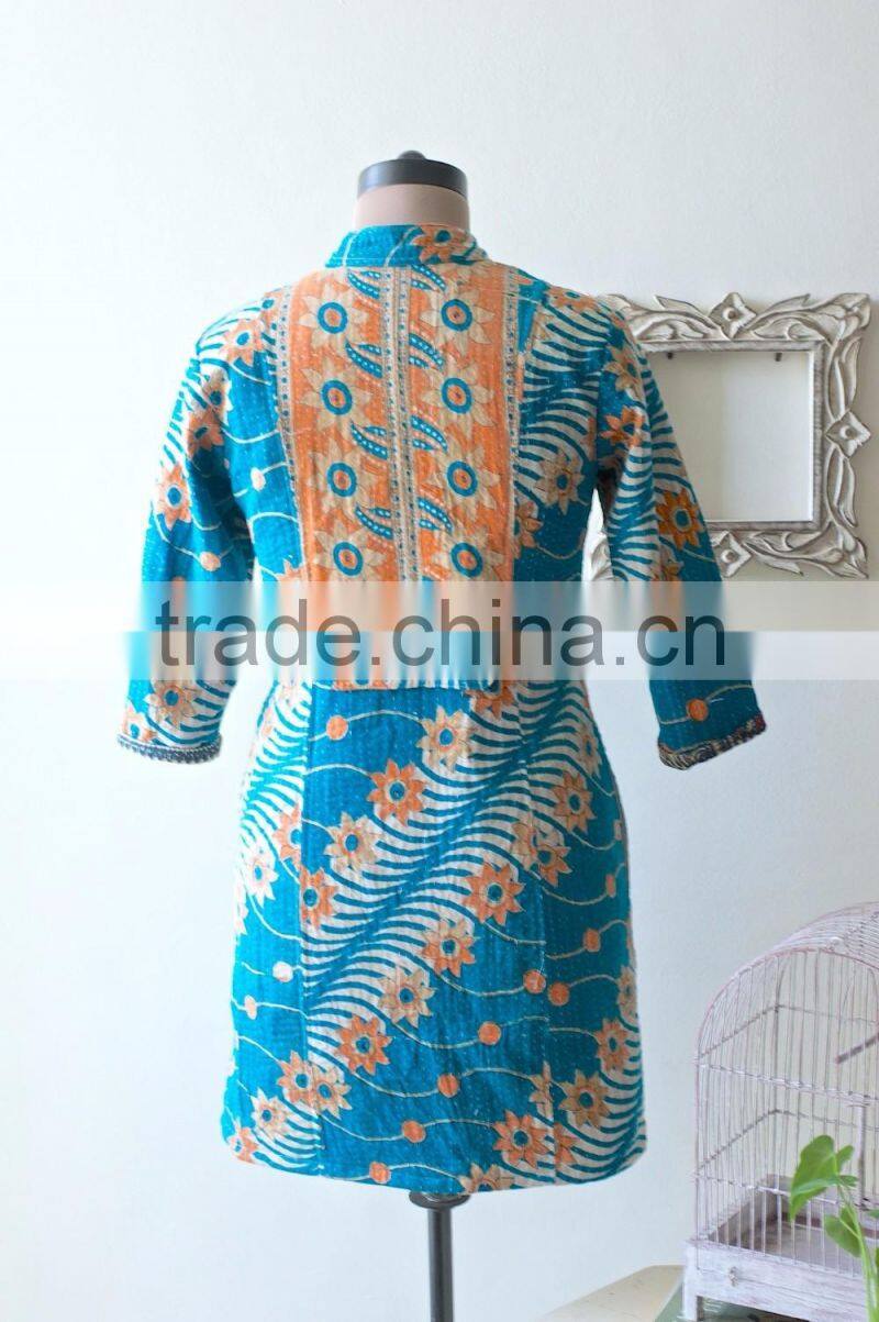 Vintage Kantha Long Accent Jacket in Turquoise & Orange ~ Medium