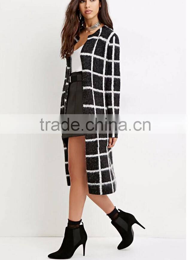 Women open front sleeved longline cardigan fashion allover grid long cardigan 2016