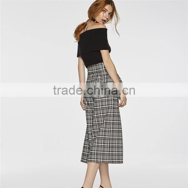 Black and white patterned bow embellished tartan culotte pants slacks
