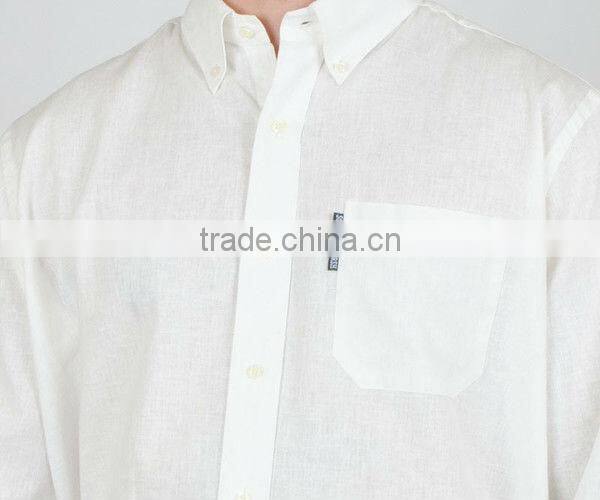 2016 new men's cotton linen long sleeve button down shirring barrel cuff pocket dress shirt