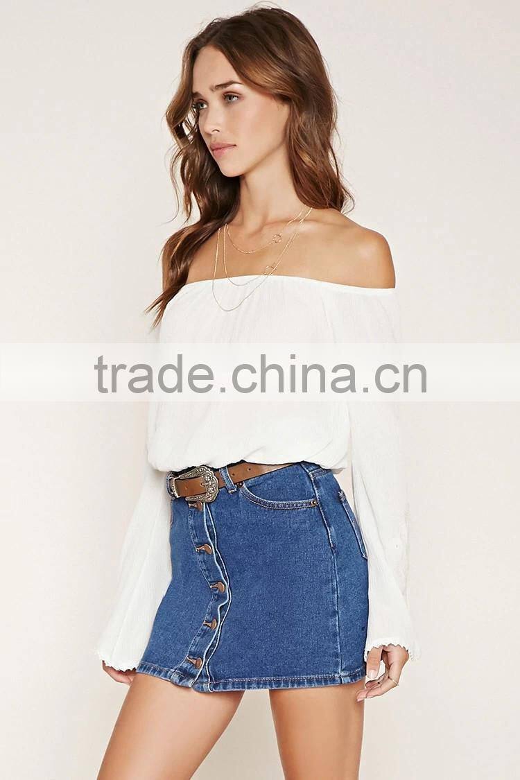 2016 shandao new arrival plain dyed cotton summer fashion off shouder long sleeve design skirts and blouse
