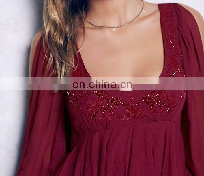 High quality cold shoulder chiffon dress, embroidered dress fashion