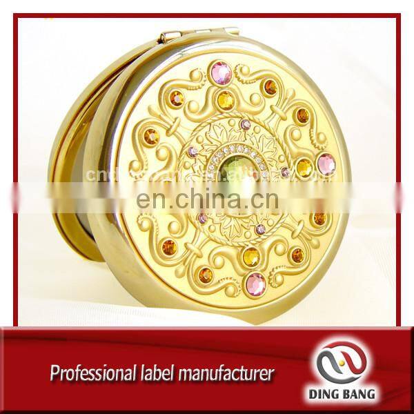 OEM Accepted Individual Packaged Custom Made Embossed Design Fine Cosmetic Mirror Souvenir Gold Metal Crystal Cosmetic Mirror