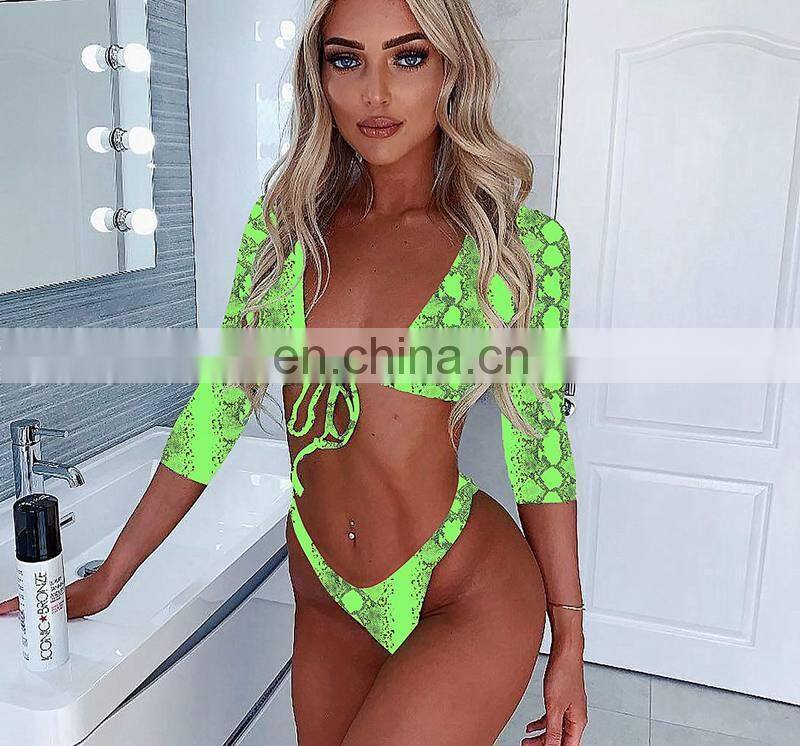 neon bikini thong bikini set Deep v-neck swimsuit female Snake print Bathing suit long sleeve woman swimwear 2019 new