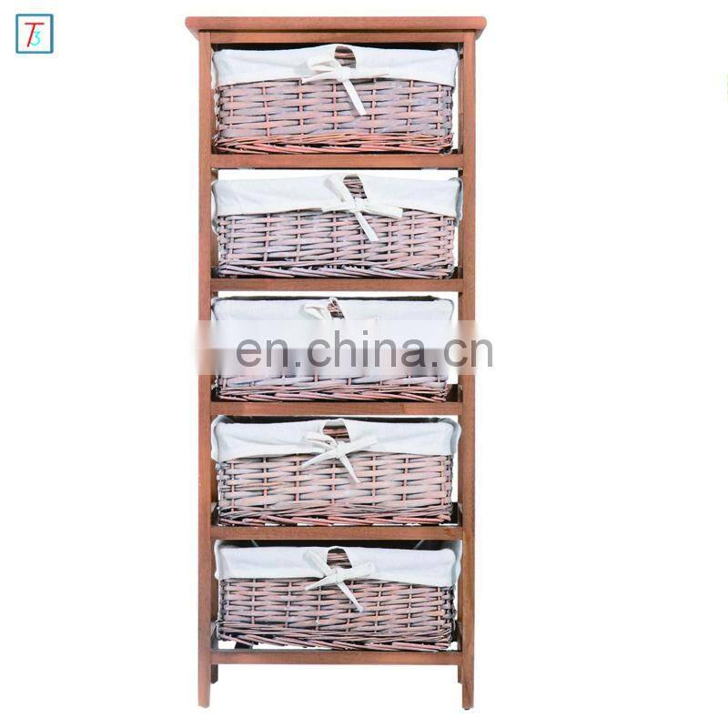 5 Drawer Storage Unit Wooden Frame with Wicker Woven Baskets Household Cabinet Chest
