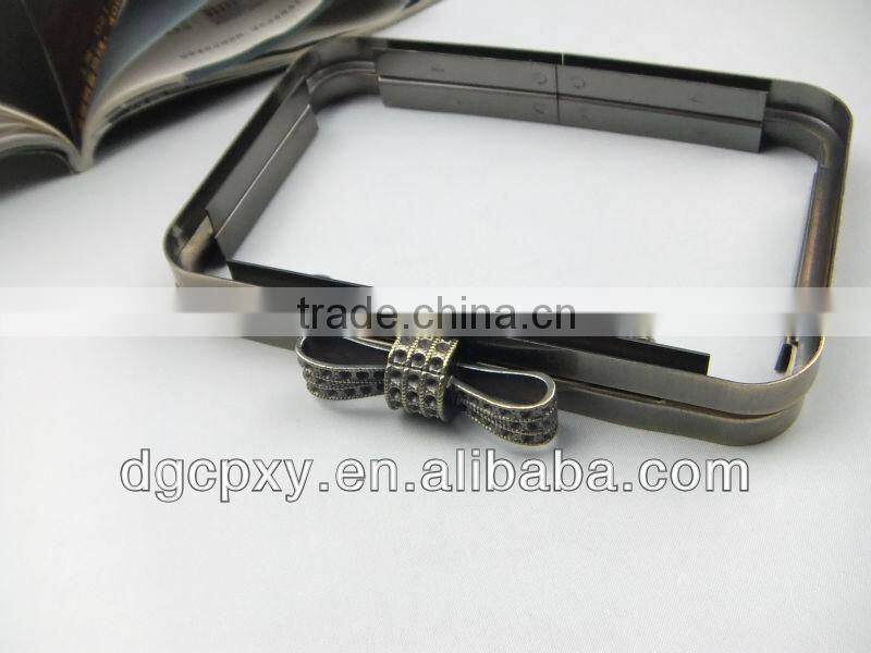 Antique brass vintage Metal Clutch Frame with White Faceted Rhinestone Bowknot Clasp