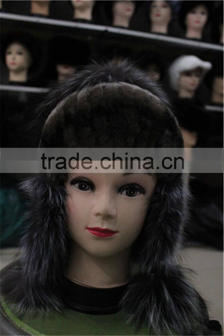 Skullies And Beanies Women Real Rex Rabbit Fur Hat With Silver Fox Fur Pompom