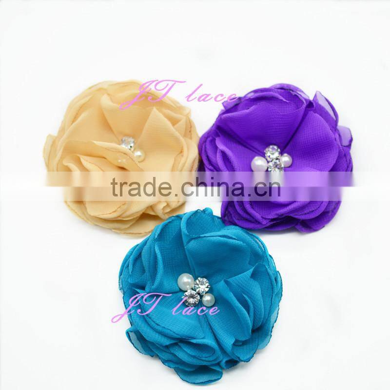 Lavender/hot pink/aqua/red fabric flower - shabby flower with 2 small pearl and 2 small rhinestone centre