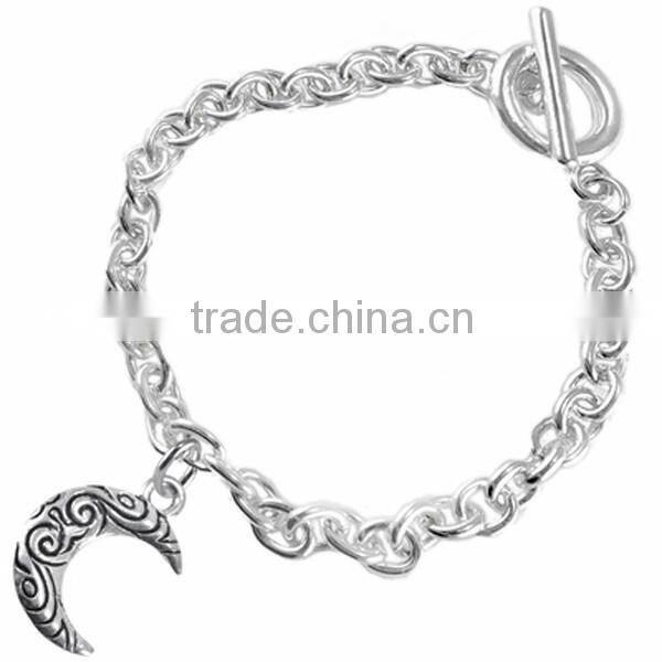 Crescent Moon Charm With Antiqued Swirl Pattern Charm Chain Link Bracelet
