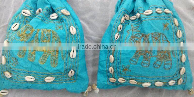 100 % Cotton banjara potli bag with elephant design and shells ibiza bag