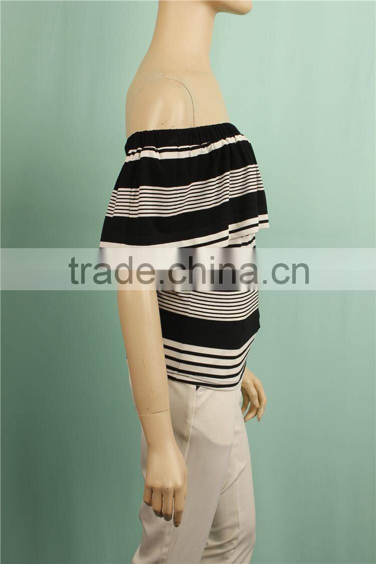2016 S/S off shoulder summer knit stripe women blouse designs