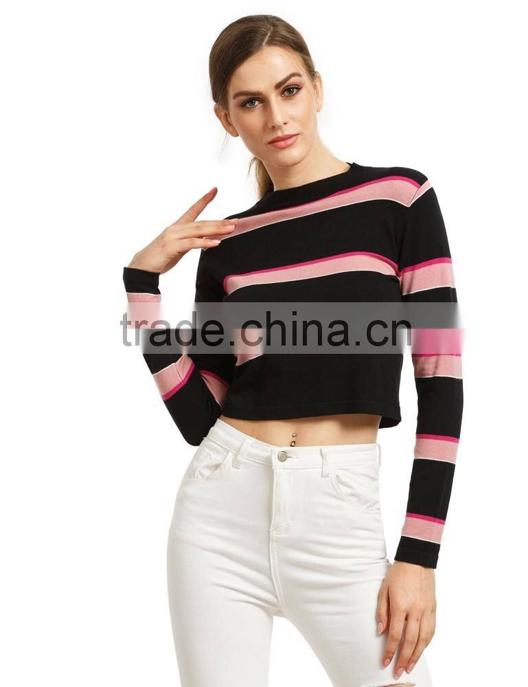 chinese clothing manufacturers 2016 fall and winter cropped stripe short knitted sweater designs for women