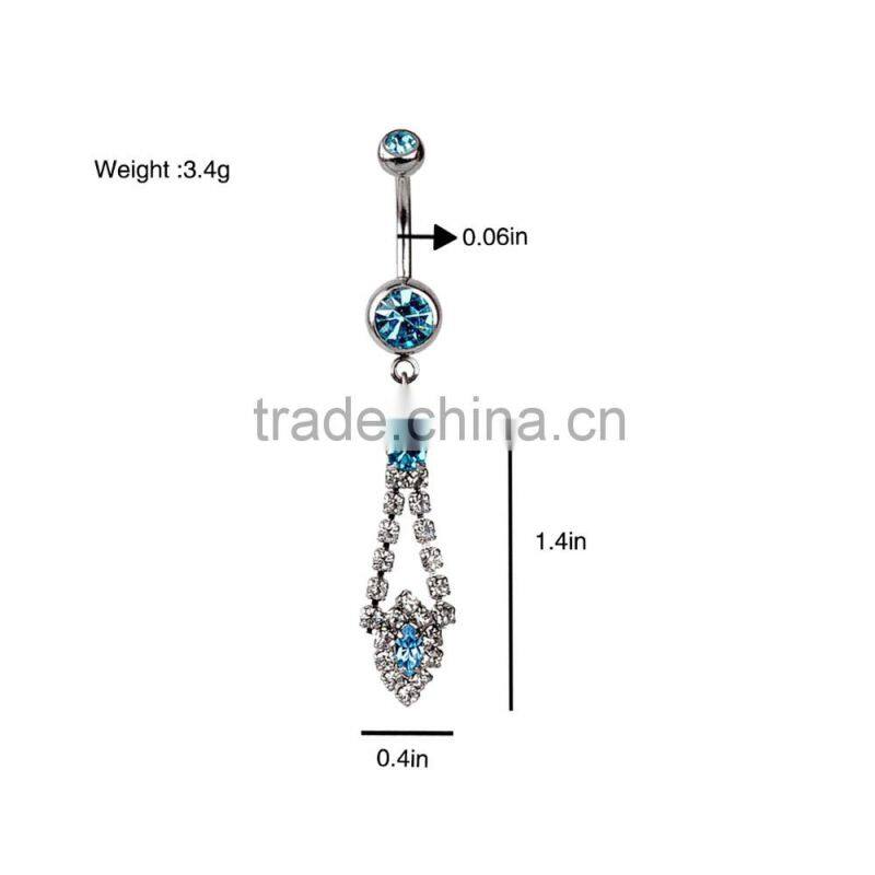 Multi Clears Gems Paved Tassel With Bluish CZ Drop Down Charms Dangle Belly Button Naval Ring.