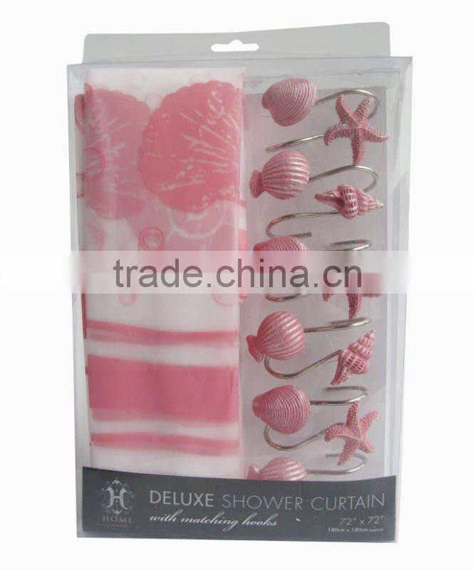 sea and fishes,hot selling 1pc peva shower curtain matching with 12pcs decorative resin bath shower curtain hooks