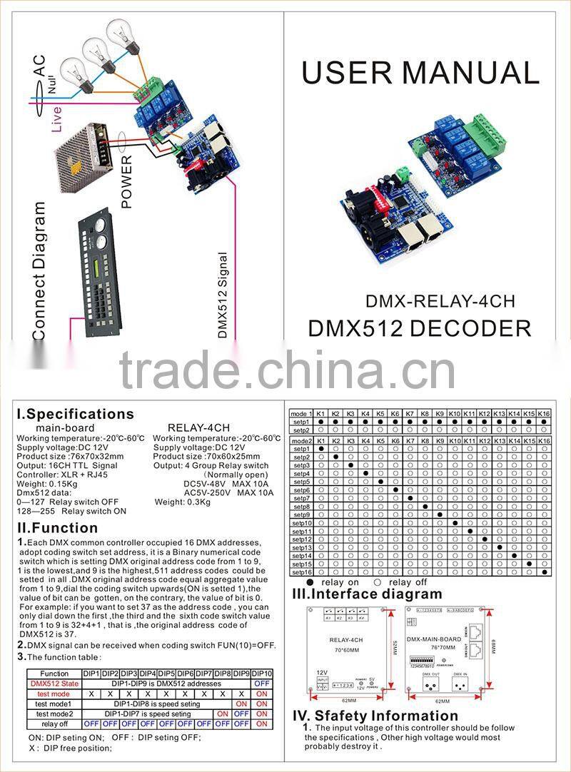 DC 12V 10A 4 channels DMX512 relay, 4CH DMX relay switch