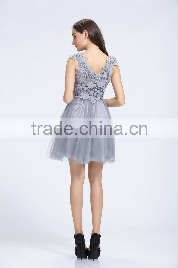 12735 V-neck lace tulle harder Mesh with Satin grey sleeveless cute prom party dress