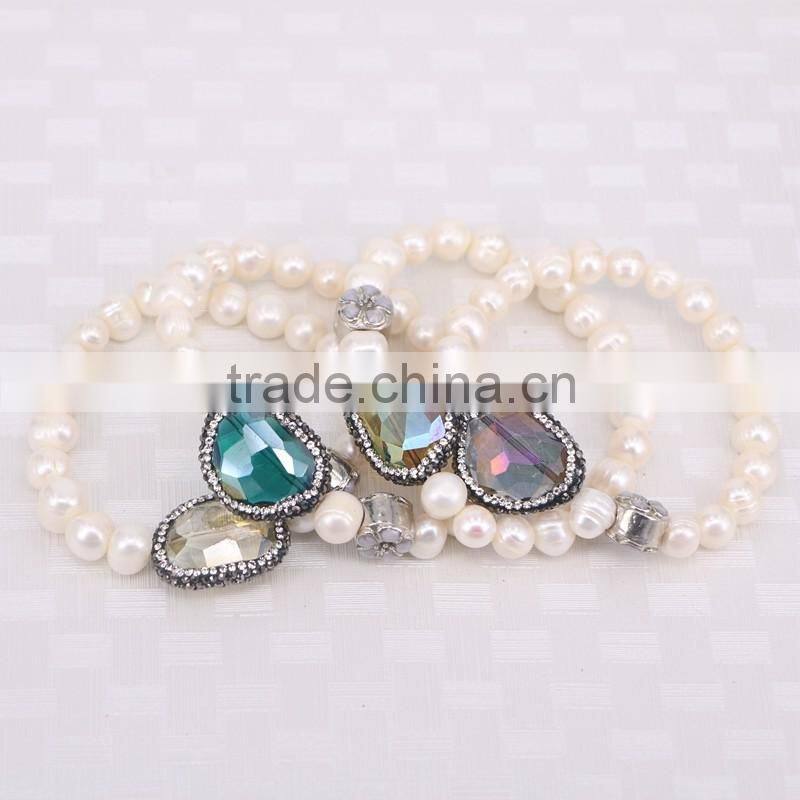 Freshwater Pearl Beads with Pave Crystal Glass Spacer Gem Bracelets, Mother Of Pearl Beaded Druzy Bracelet