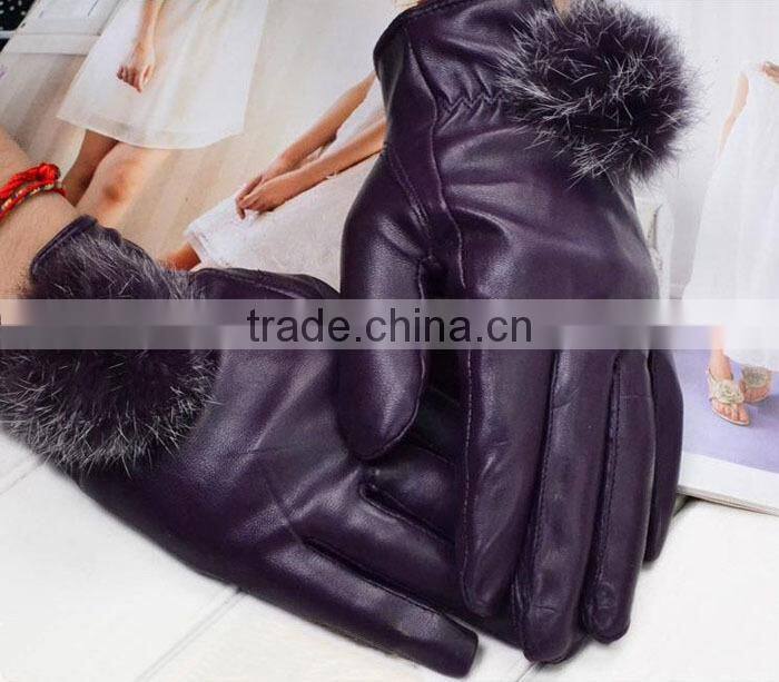 New Hot Fashion Ladys Womens Gloves PU Leather Cute Rabbit Fur Ball Warm Winter Gloves Mittens