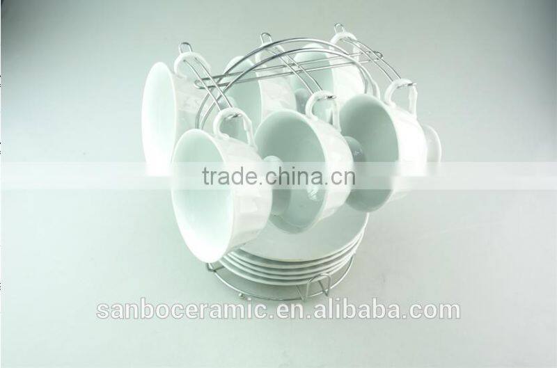 Hot selling Stock set of coffee cup and saucer with metal Rack